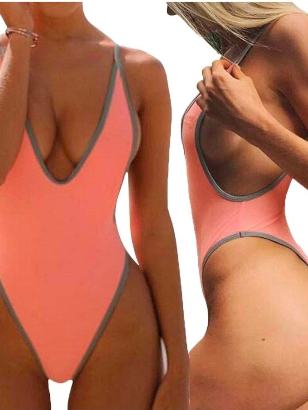 Coral One-Piece Thong Swimsuit with Gray Trim